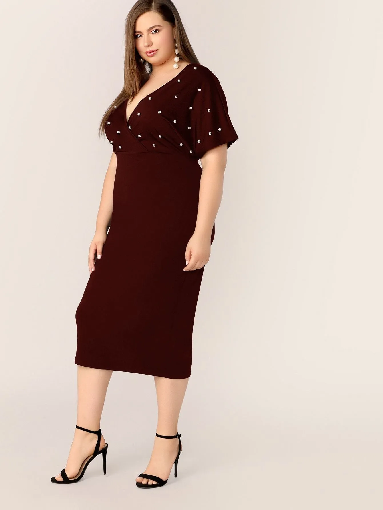 Plus Surplice Neck Pearls Beaded Split Pencil Dress