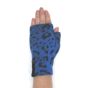 Recycled blue leopard cotton Kitten Mittens, short, no wool