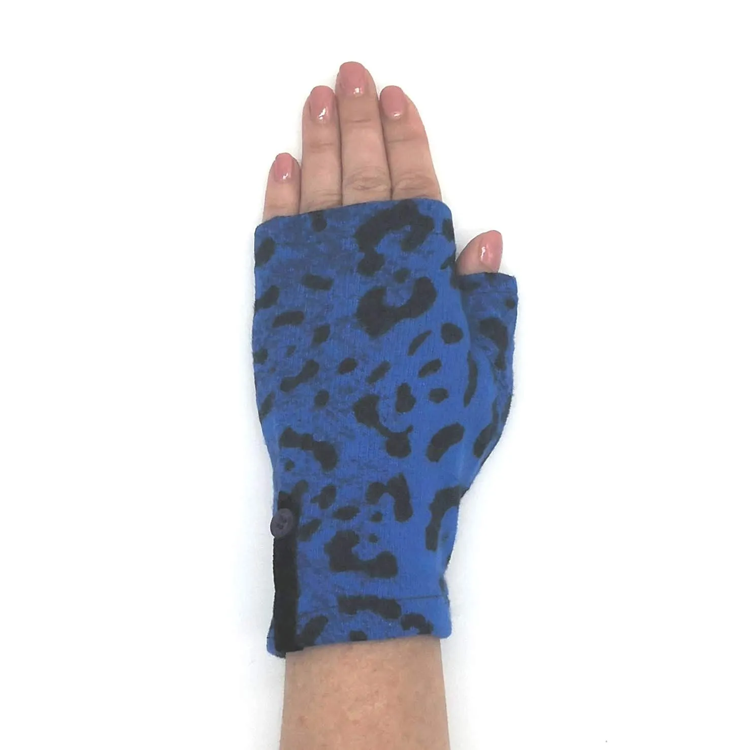 Recycled blue leopard cotton Kitten Mittens, short, no wool