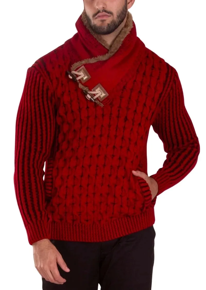 Red Men's Sweater Shawl Fur Collar Side Pockets High-Neck Pullover Sweater