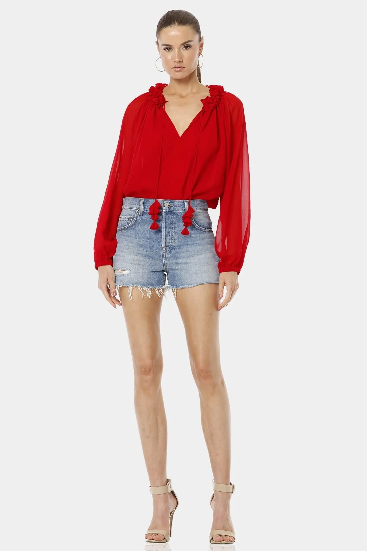 Red Ruby Tie Neck Top With Long Sleeves