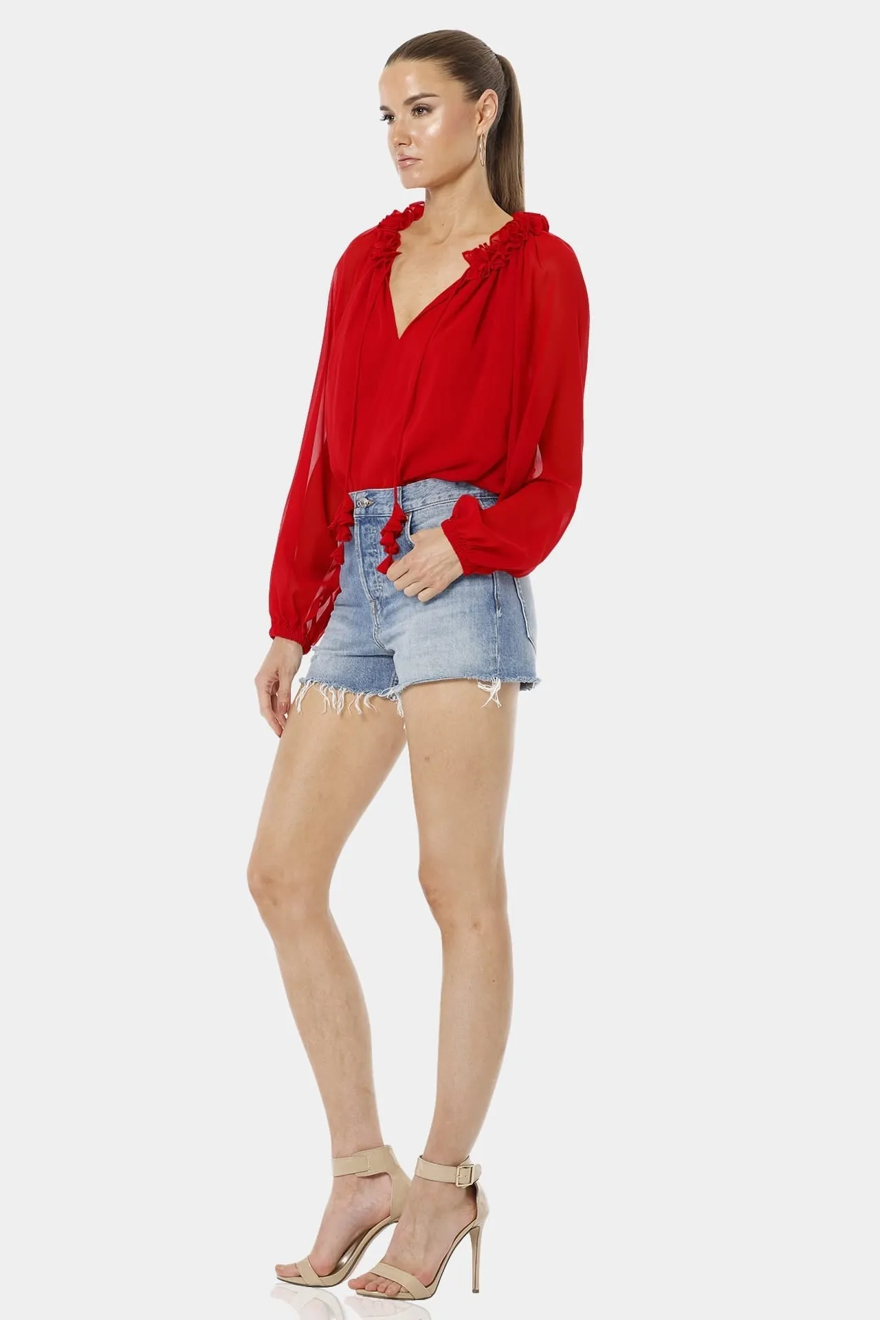 Red Ruby Tie Neck Top With Long Sleeves