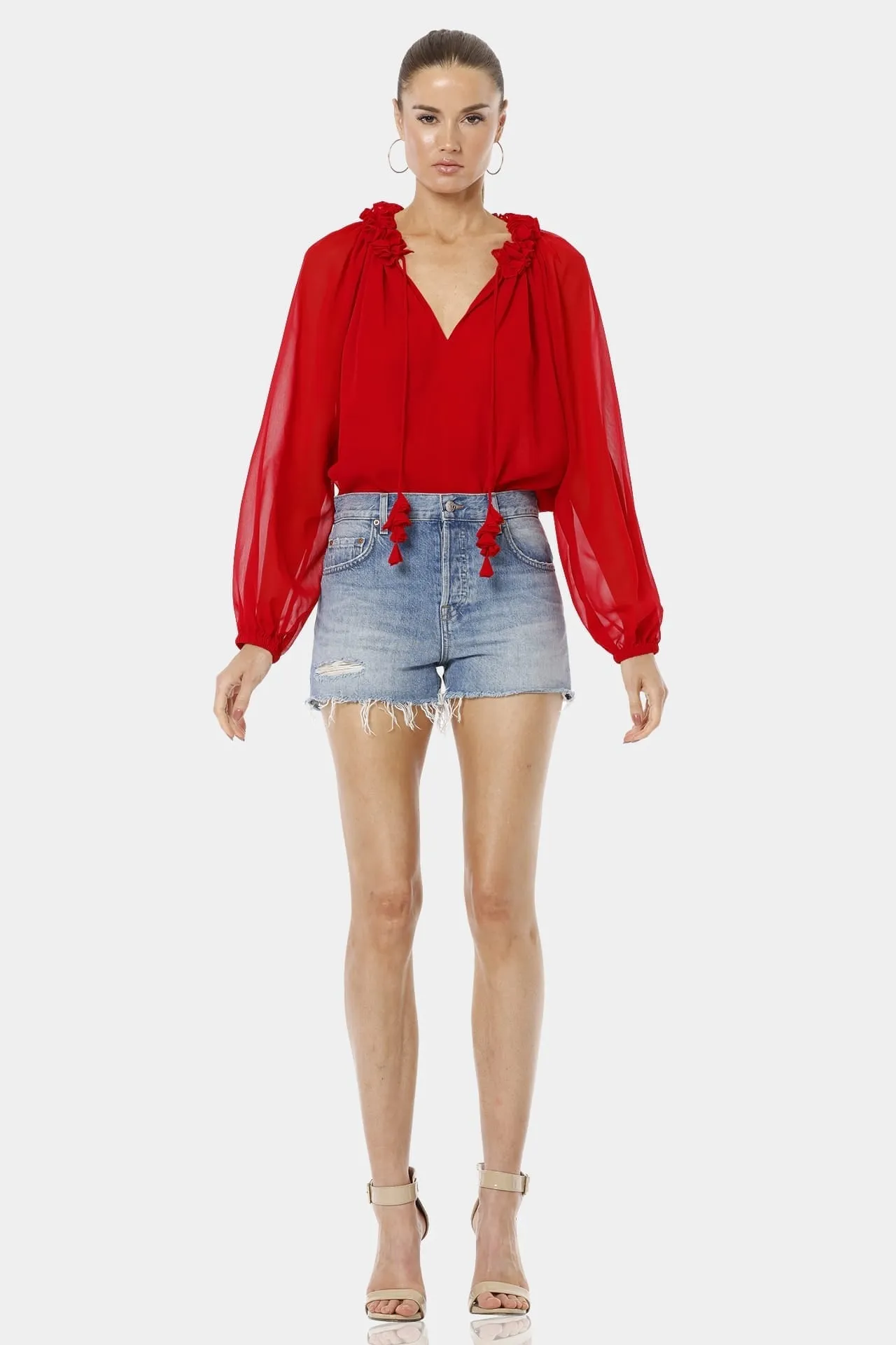 Red Ruby Tie Neck Top With Long Sleeves