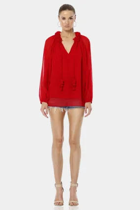 Red Ruby Tie Neck Top With Long Sleeves