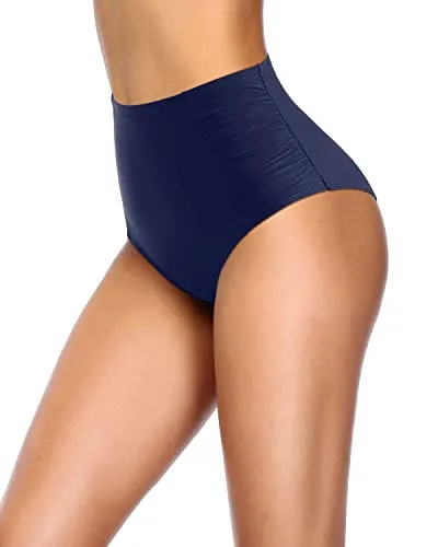 Retro High Waisted Bikini Bottoms Ruched Tummy Control Swimsuit Bottoms-Navy Blue