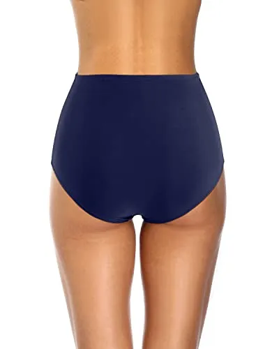 Retro High Waisted Bikini Bottoms Ruched Tummy Control Swimsuit Bottoms-Navy Blue