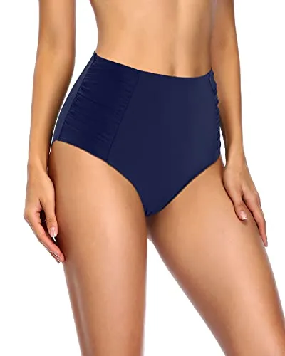 Retro High Waisted Bikini Bottoms Ruched Tummy Control Swimsuit Bottoms-Navy Blue