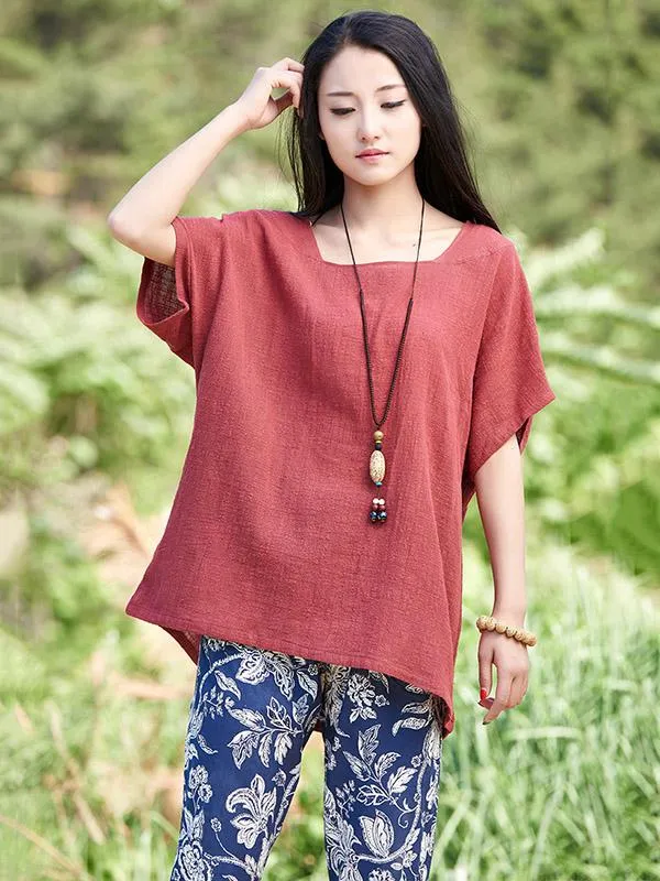 Round-neck Linen Cotton Half Sleeves Tops