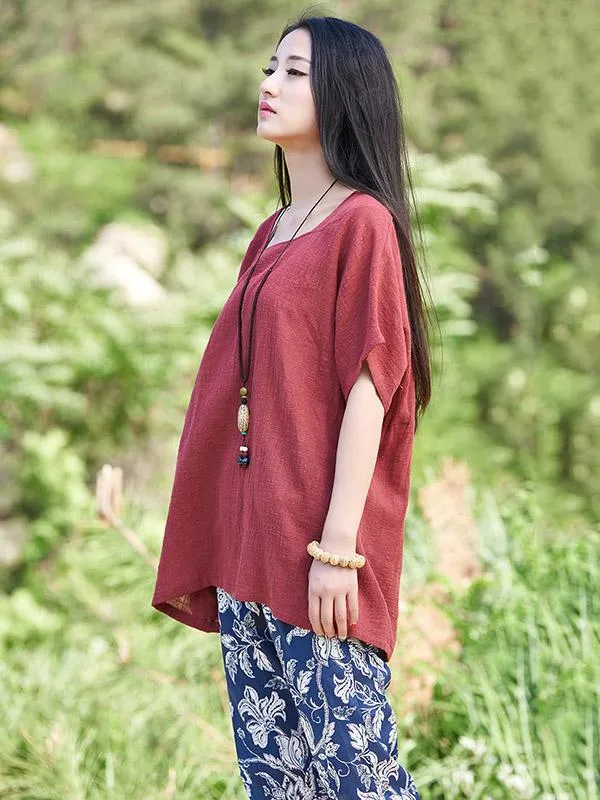 Round-neck Linen Cotton Half Sleeves Tops