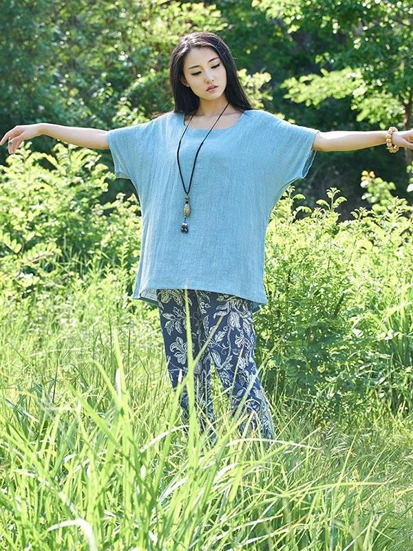 Round-neck Linen Cotton Half Sleeves Tops