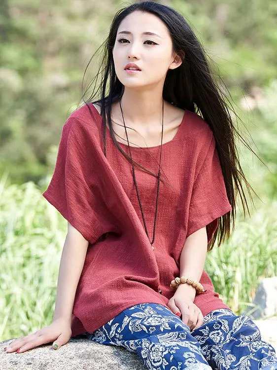 Round-neck Linen Cotton Half Sleeves Tops