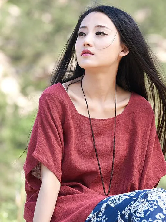 Round-neck Linen Cotton Half Sleeves Tops