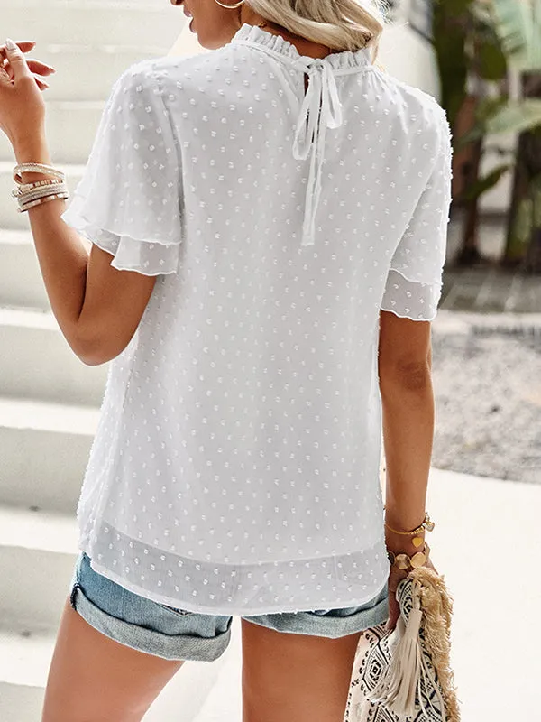 Ruffle Sleeves Hollow Jacquard Pleated Solid Color Round-Neck Blouses&Shirts Tops