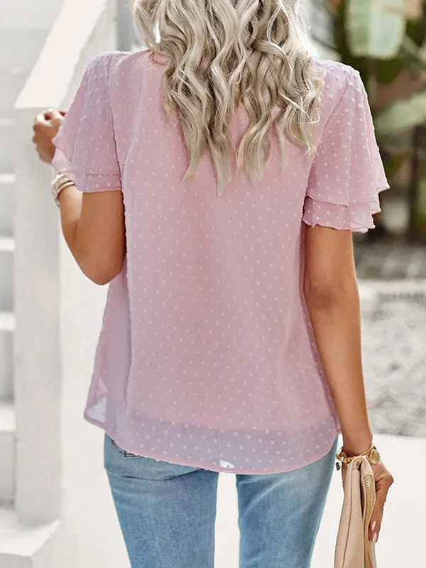 Ruffle Sleeves Hollow Jacquard Pleated Solid Color Round-Neck Blouses&Shirts Tops