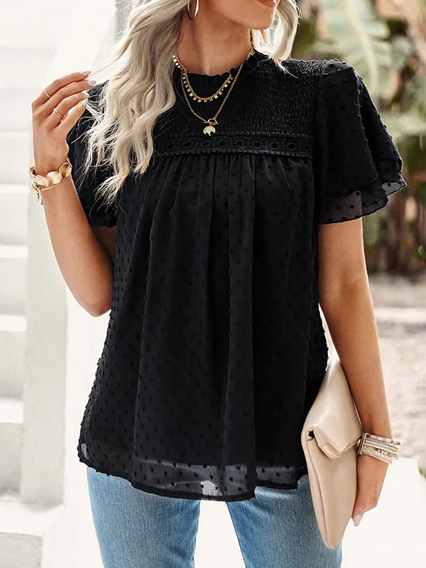 Ruffle Sleeves Hollow Jacquard Pleated Solid Color Round-Neck Blouses&Shirts Tops