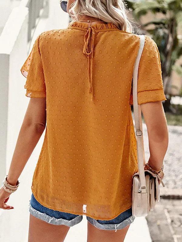 Ruffle Sleeves Hollow Jacquard Pleated Solid Color Round-Neck Blouses&Shirts Tops