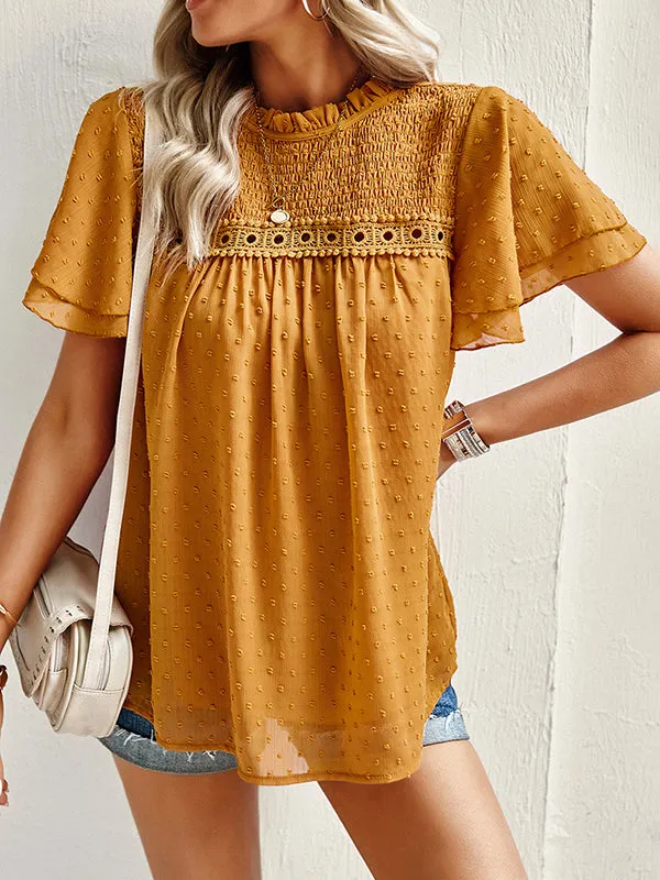 Ruffle Sleeves Hollow Jacquard Pleated Solid Color Round-Neck Blouses&Shirts Tops