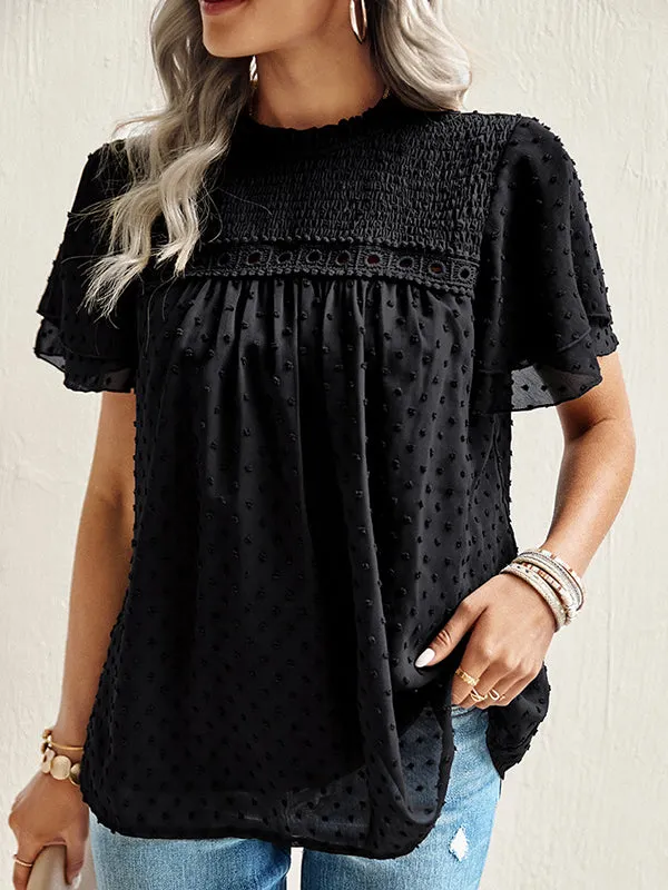 Ruffle Sleeves Hollow Jacquard Pleated Solid Color Round-Neck Blouses&Shirts Tops