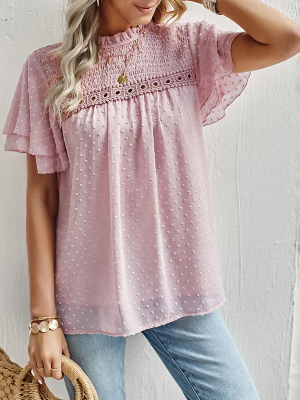 Ruffle Sleeves Hollow Jacquard Pleated Solid Color Round-Neck Blouses&Shirts Tops