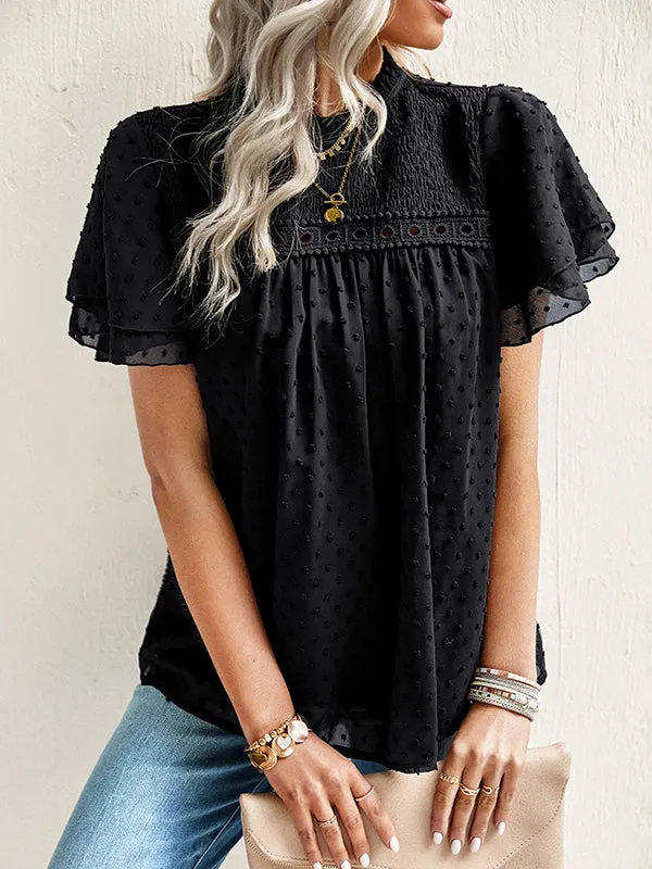 Ruffle Sleeves Hollow Jacquard Pleated Solid Color Round-Neck Blouses&Shirts Tops