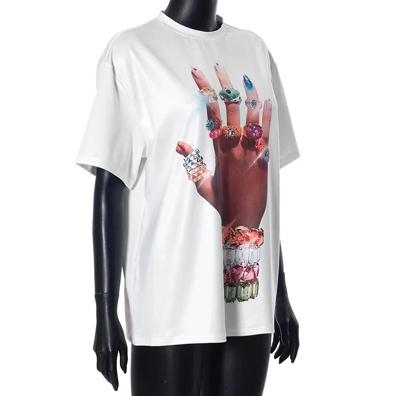 Sally Masonry Hands Print Shorts Sleeve o-Neck Loose Simple Tees