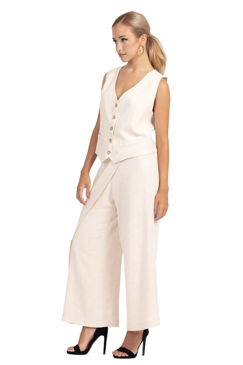 Sand Beige Linen Wrap Women's Tailored Trousers