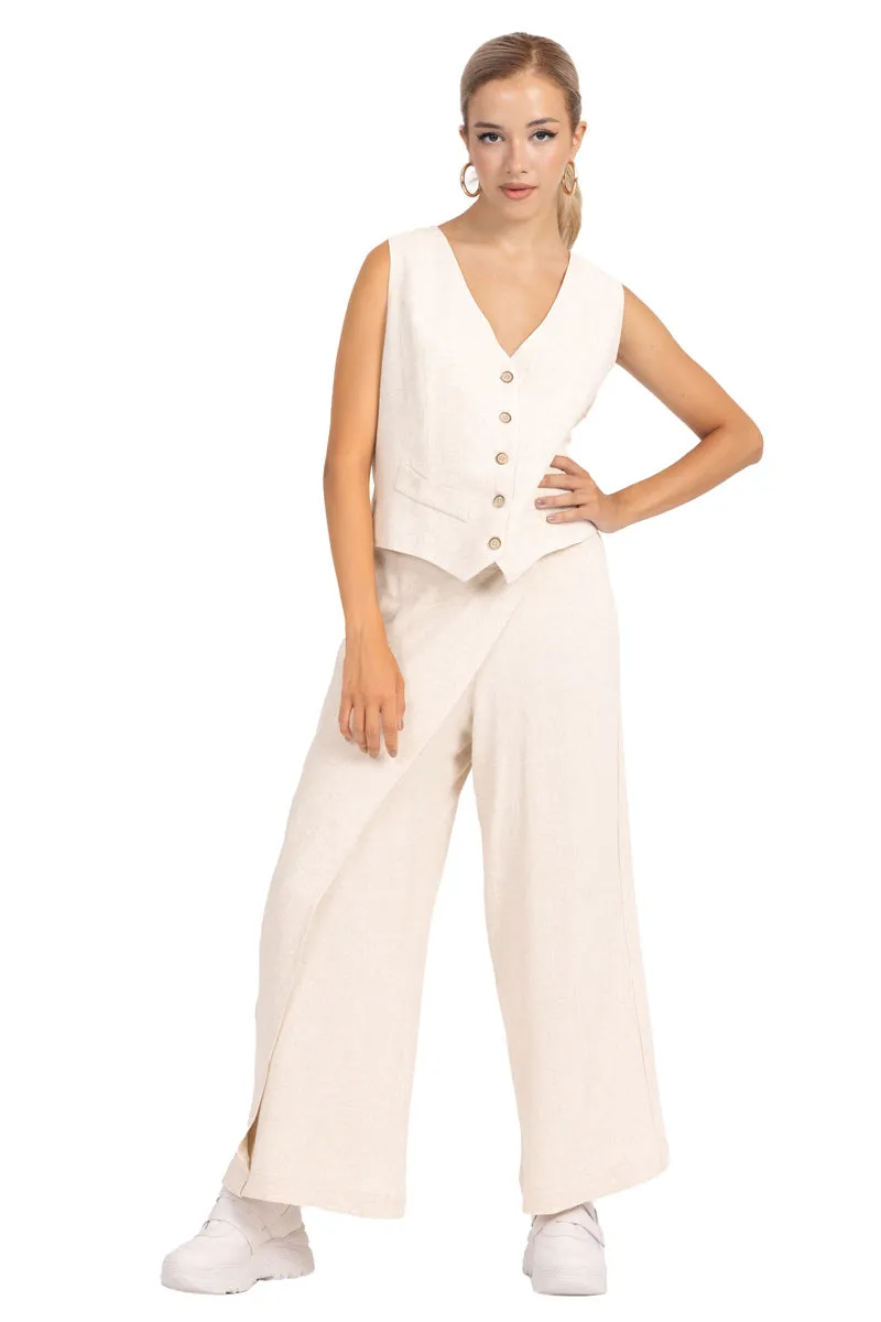 Sand Beige Linen Wrap Women's Tailored Trousers