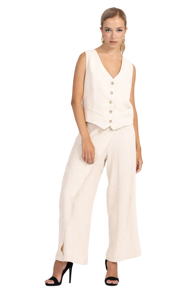 Sand Beige Linen Wrap Women's Tailored Trousers