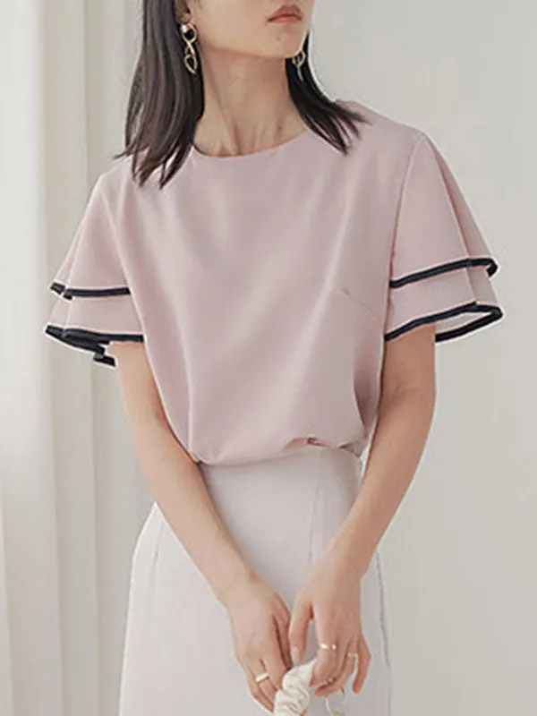 Short Sleeves Falbala Tiered Round-Neck T-Shirts Tops