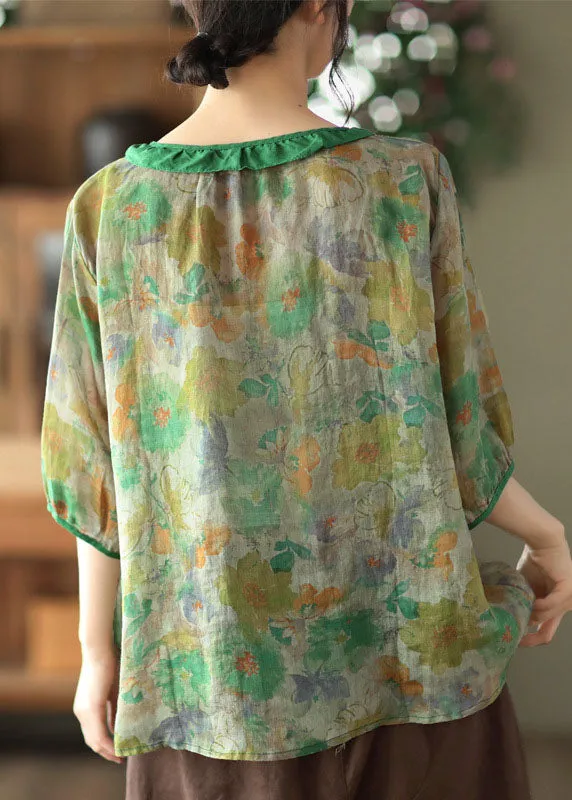 Simple Green O Neck Patchwork Print Linen Shirt Tops Half Sleeve