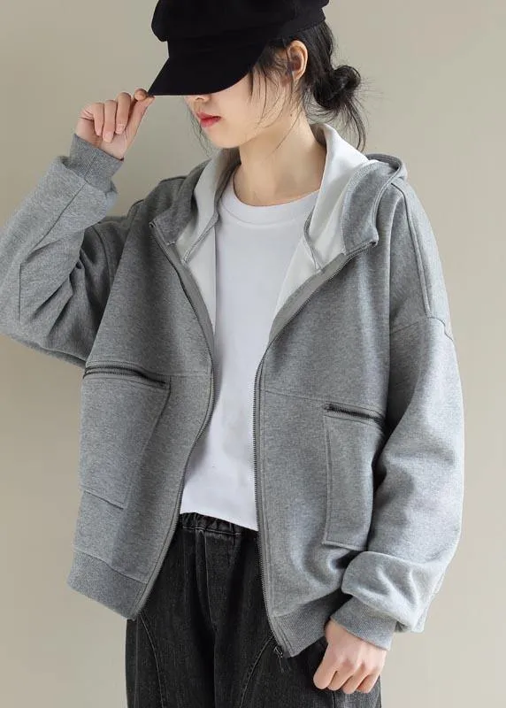 Simple Light Gray Fashion Coat For Woman Tops Hooded Zip Up Spring Coats