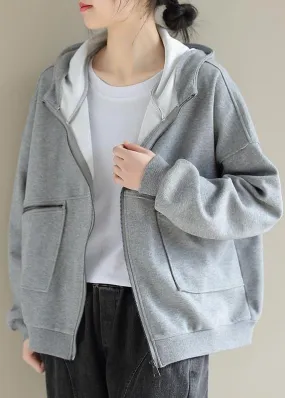 Simple Light Gray Fashion Coat For Woman Tops Hooded Zip Up Spring Coats