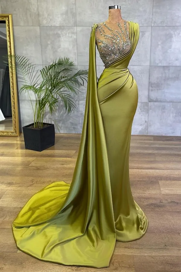 Simple Long Jewel Satin Mermaid Prom Dress