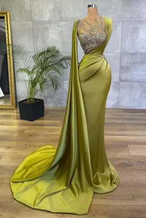 Simple Long Jewel Satin Mermaid Prom Dress