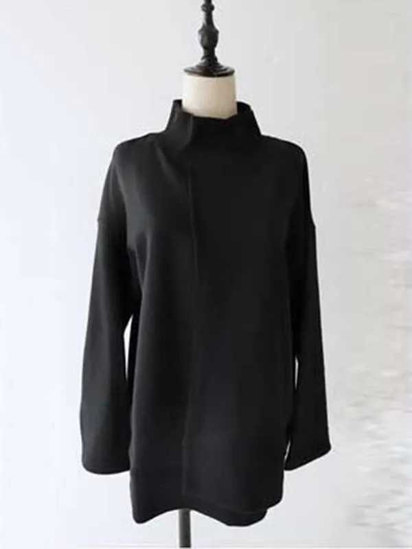 Simple Long Sleeves Loose Asymmetric Split-Joint High-Neck Sweatshirt Tops