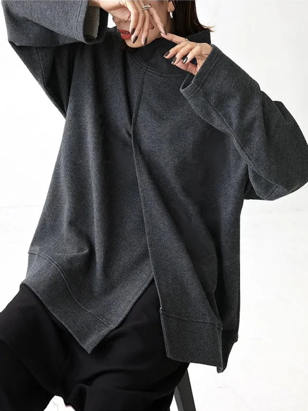 Simple Long Sleeves Loose Asymmetric Split-Joint High-Neck Sweatshirt Tops