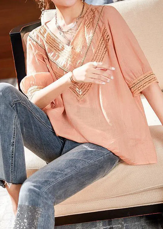 Simple Pink V Neck Hollow Out Patchwork Linen Tops Summer LY0614