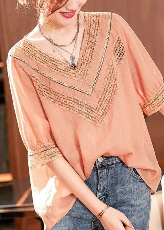 Simple Pink V Neck Hollow Out Patchwork Linen Tops Summer LY0614