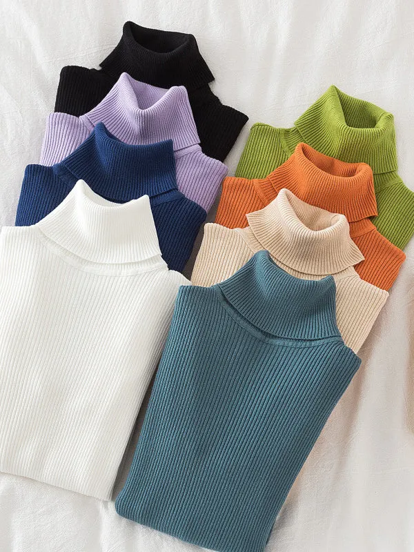 Simple Skinny Solid Color High-Neck Sweater Tops