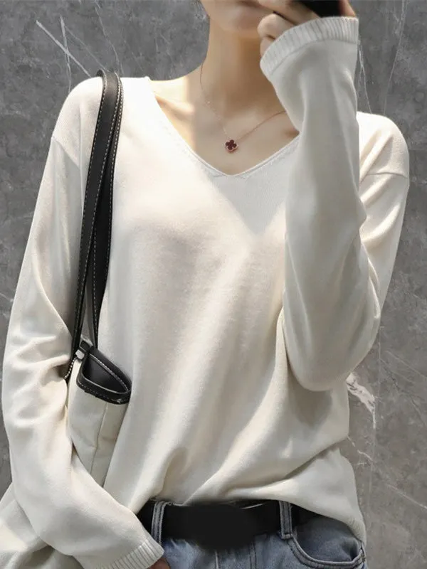 Simple Solid Color V-Neck Long Sleeve Knitwear Tops