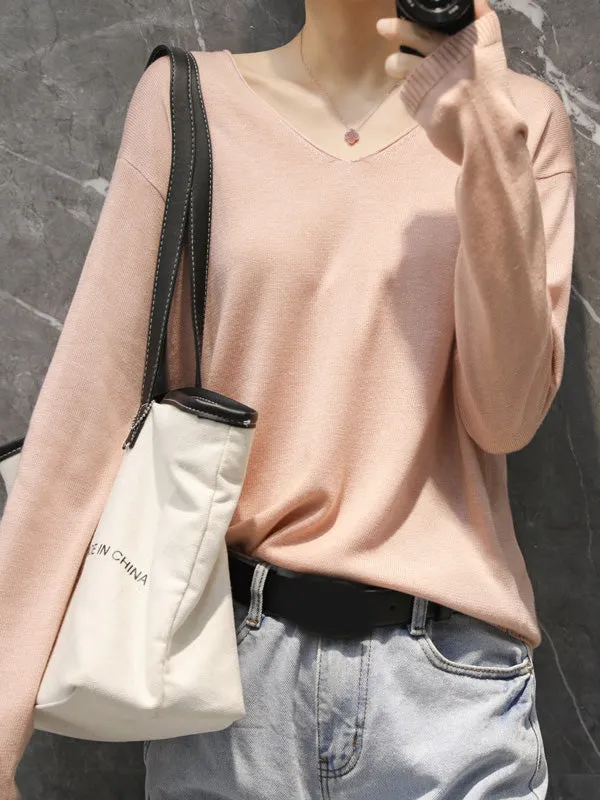 Simple Solid Color V-Neck Long Sleeve Knitwear Tops