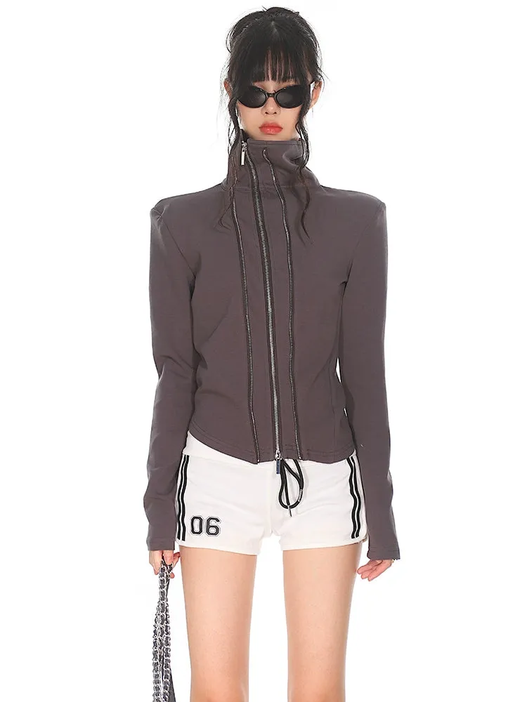 Slim Asymmetric Multi Zip Mock Neck Jacket