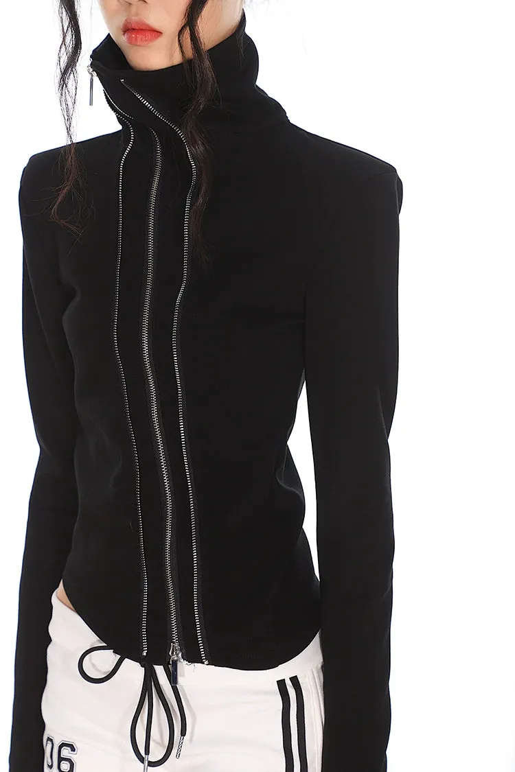 Slim Asymmetric Multi Zip Mock Neck Jacket