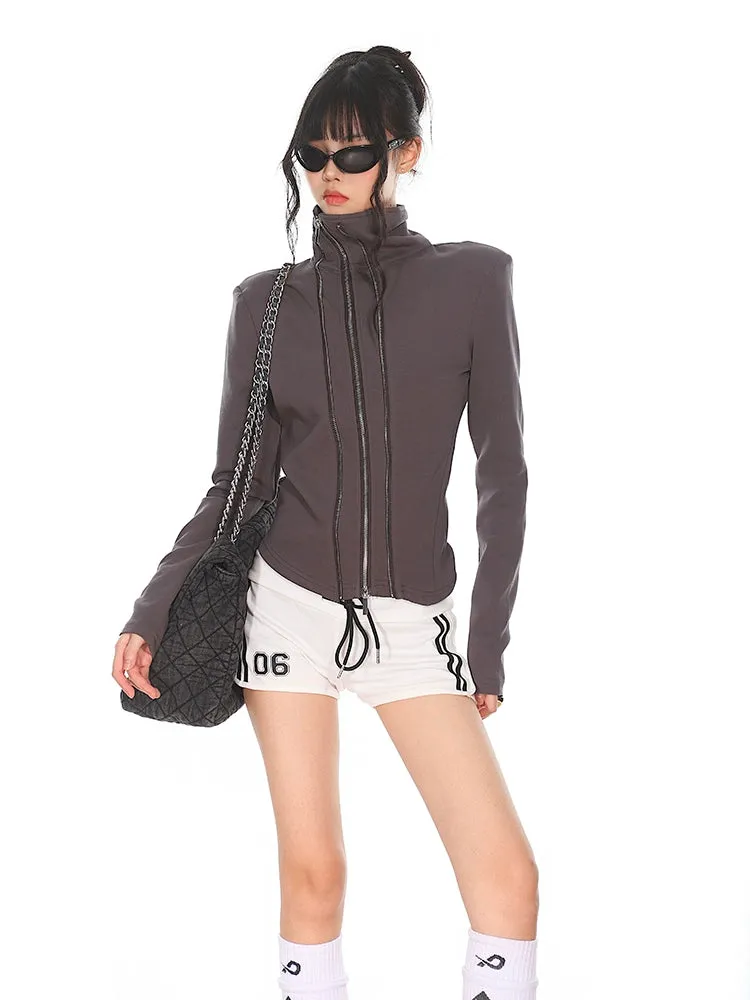 Slim Asymmetric Multi Zip Mock Neck Jacket