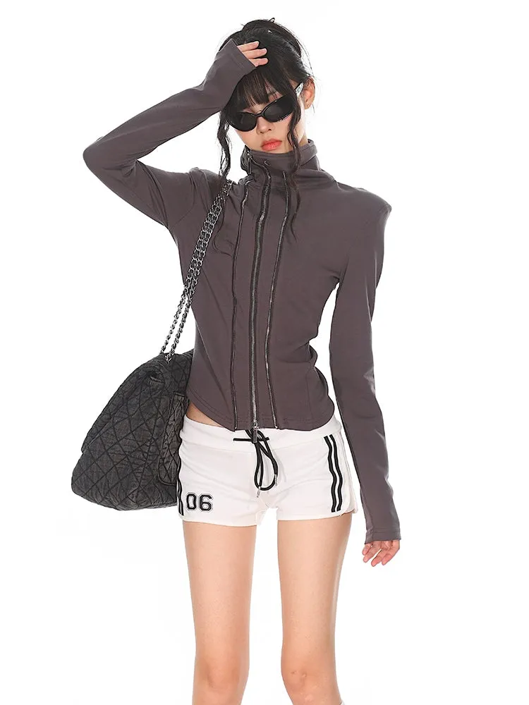 Slim Asymmetric Multi Zip Mock Neck Jacket