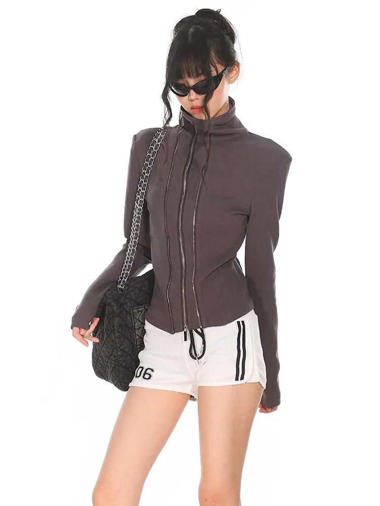 Slim Asymmetric Multi Zip Mock Neck Jacket