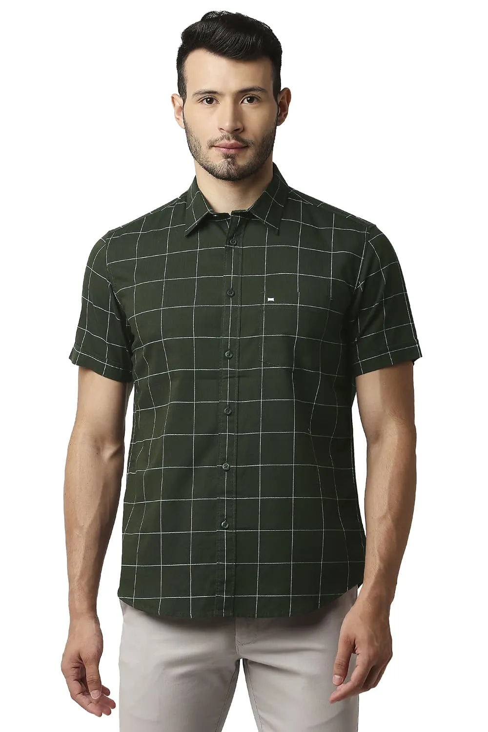 Slim Fit Herring Bone Twill Checks Halfsleeves Shirt