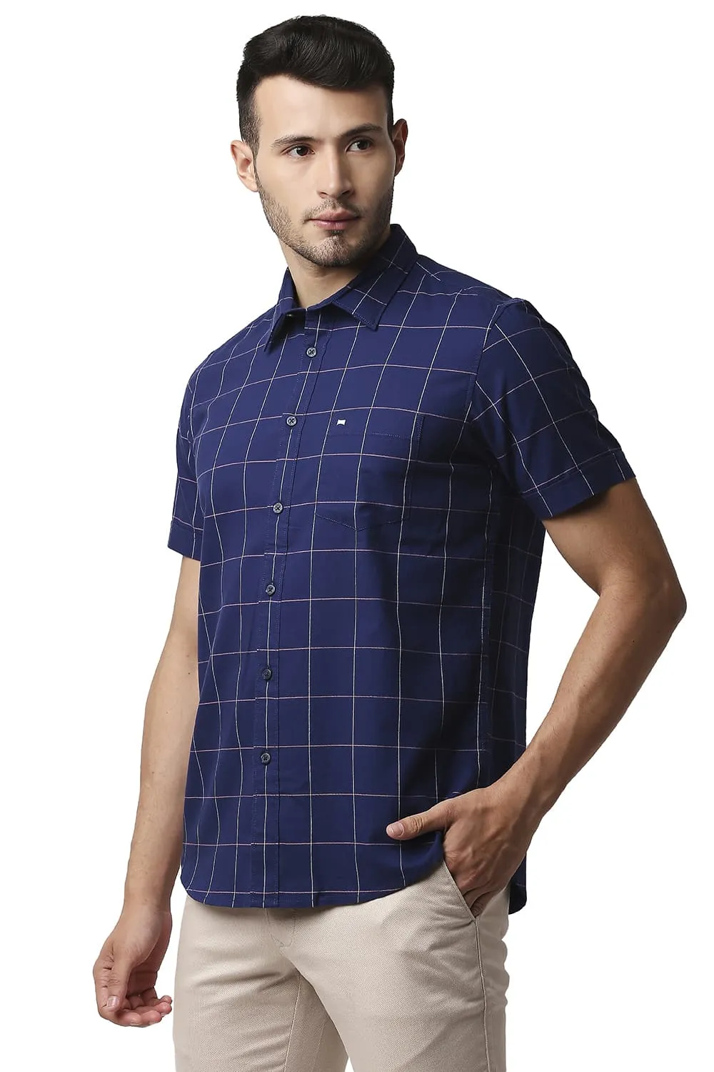 Slim Fit Herring Bone Twill Checks Halfsleeves Shirt