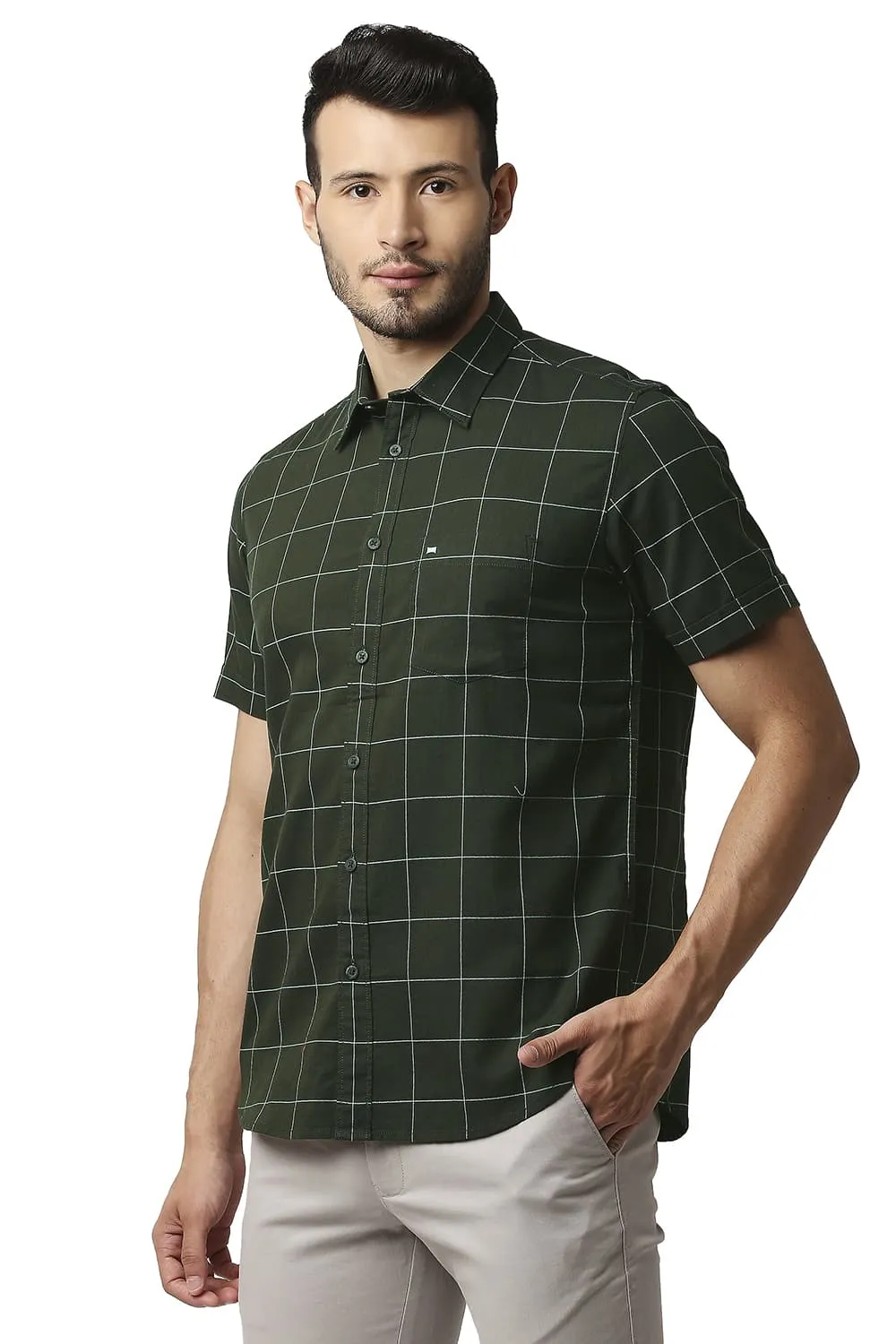 Slim Fit Herring Bone Twill Checks Halfsleeves Shirt