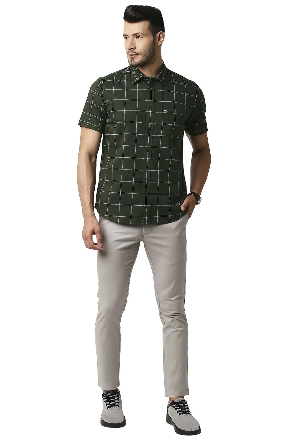 Slim Fit Herring Bone Twill Checks Halfsleeves Shirt